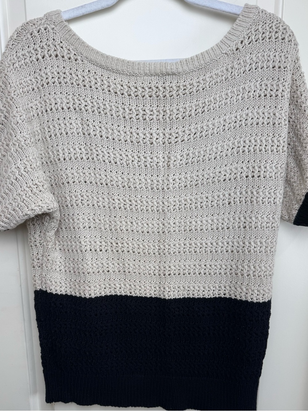 LOFT 100% Cotton Open Knit Colorblock Short Sleeve Sweater Beige Black L - Picture 2 of 4